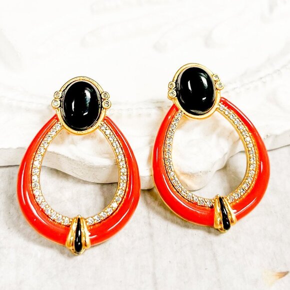 Crystal Hoop Earrings, Black Onyx Gemstone Charm Hoops, Gold Gemstone Earrings - Picture 1 of 7